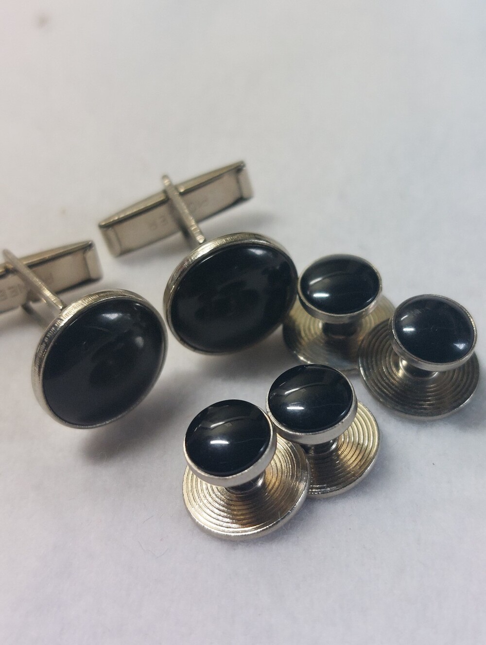 ​Vintage Pioneer Black Glass Tuxedo Set - Cufflinks & 4 Shirt Studs